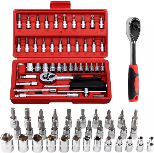 🔥 Kit de Herramientas de 46 Piezas – Juego de Llaves de Vaso y Carraca Reversible con Maletín – Juego Completo de Herramientas 🔧🧰