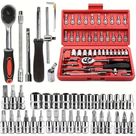 🔥 Kit de Herramientas de 46 Piezas – Juego de Llaves de Vaso y Carraca Reversible con Maletín – Juego Completo de Herramientas 🔧🧰