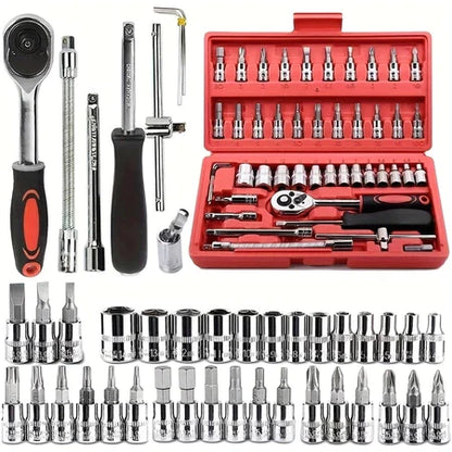 🔥 Kit de Herramientas de 46 Piezas – Juego de Llaves de Vaso y Carraca Reversible con Maletín – Juego Completo de Herramientas 🔧🧰